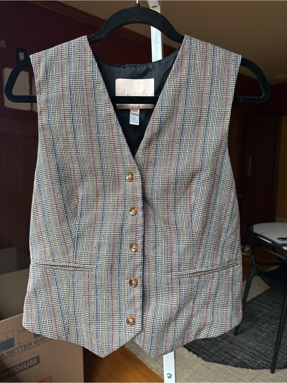 Hutch Plaid Button-Front Vest in Tan, Black & Red